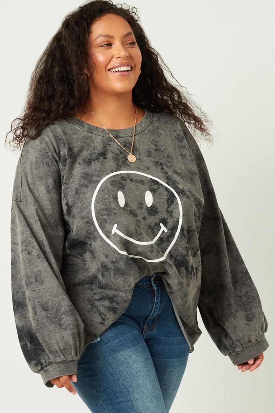 HAYDEN Sunni Plus Smiley Face Black Wash Long Sleeve Thin Sweatshirt 1XL